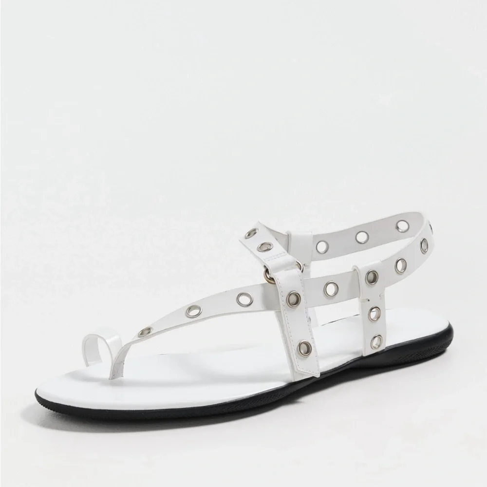 Tory Burch White Leather Sandals Silver Eyelet Toe Ring Flat 8.5 NWT - Picture 1 of 5